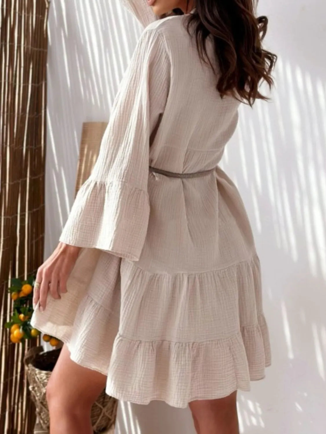 Button Detail Notched Long Sleeve Dress