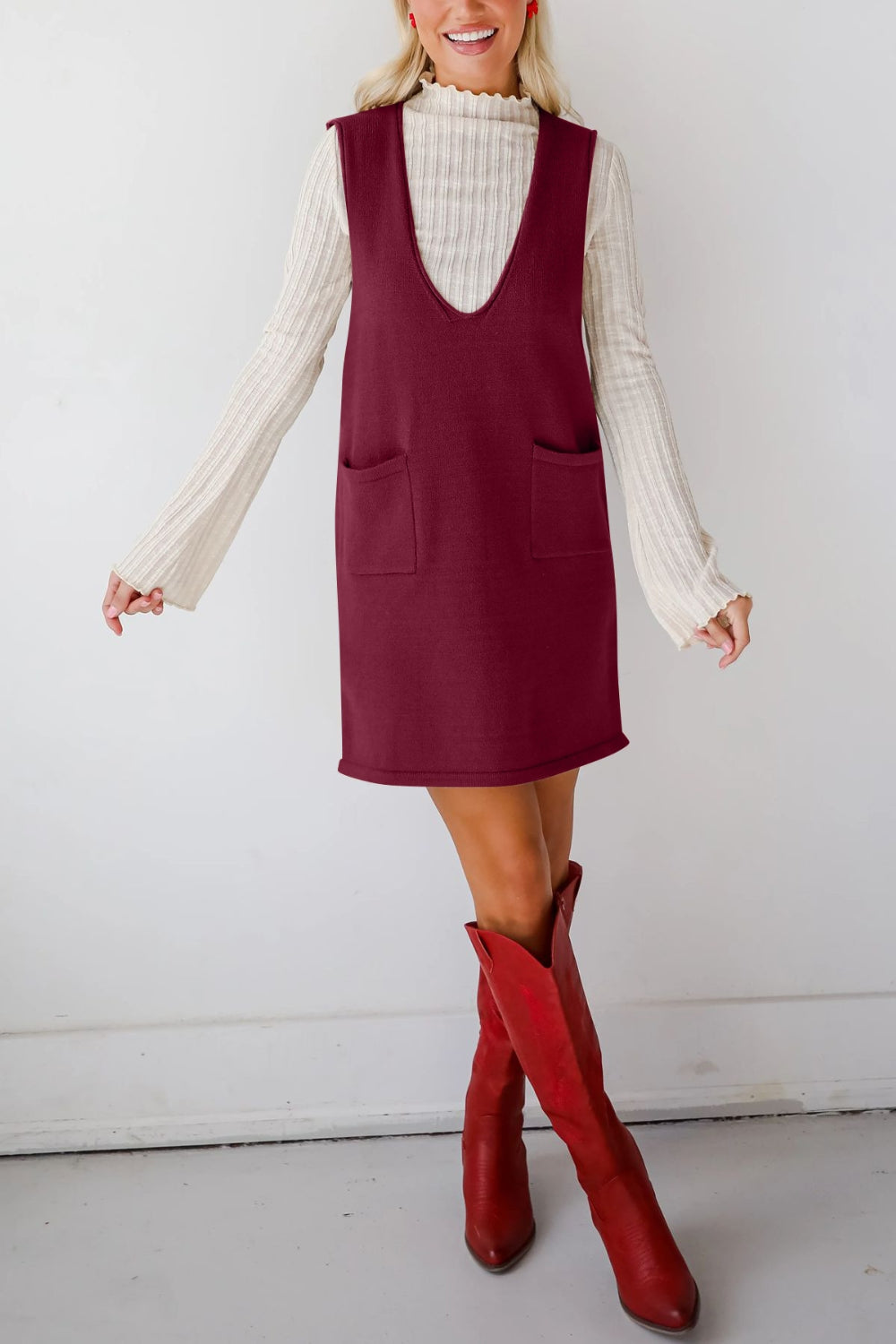 Buy Pocketed V-Neck Mini Sweater Overall Dress by Faz