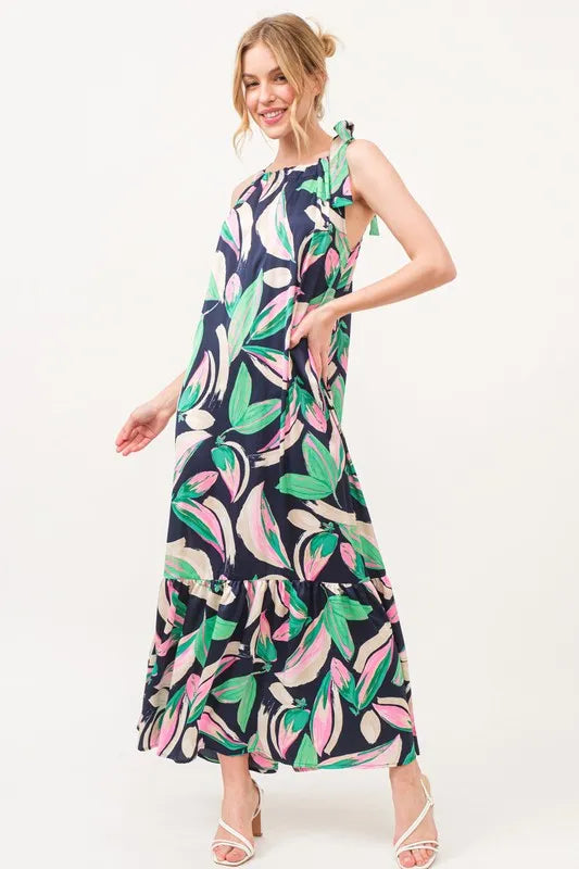 Botanical Printed Halterneck Tiered Maxi Dress