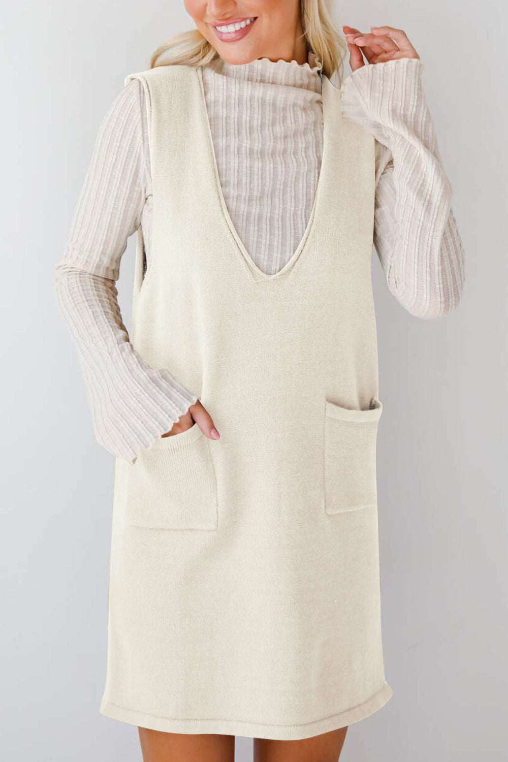 Buy Pocketed V-Neck Mini Sweater Overall Dress by Faz
