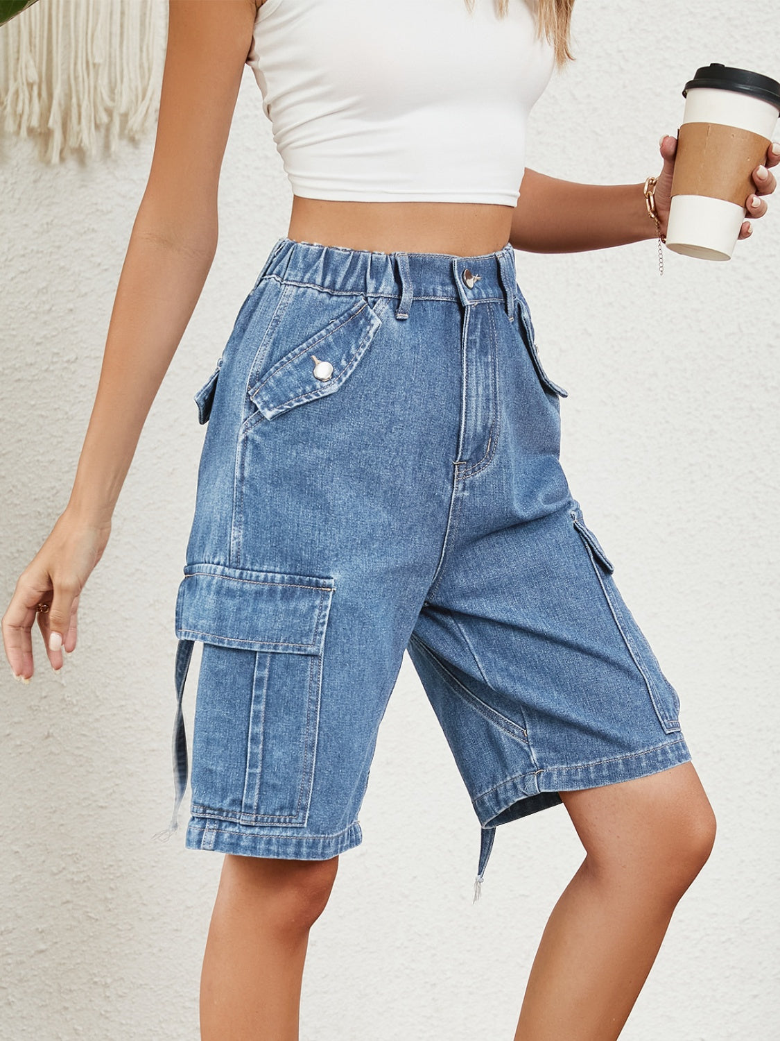 Buy High Waist Denim Shorts with Pockets by Faz