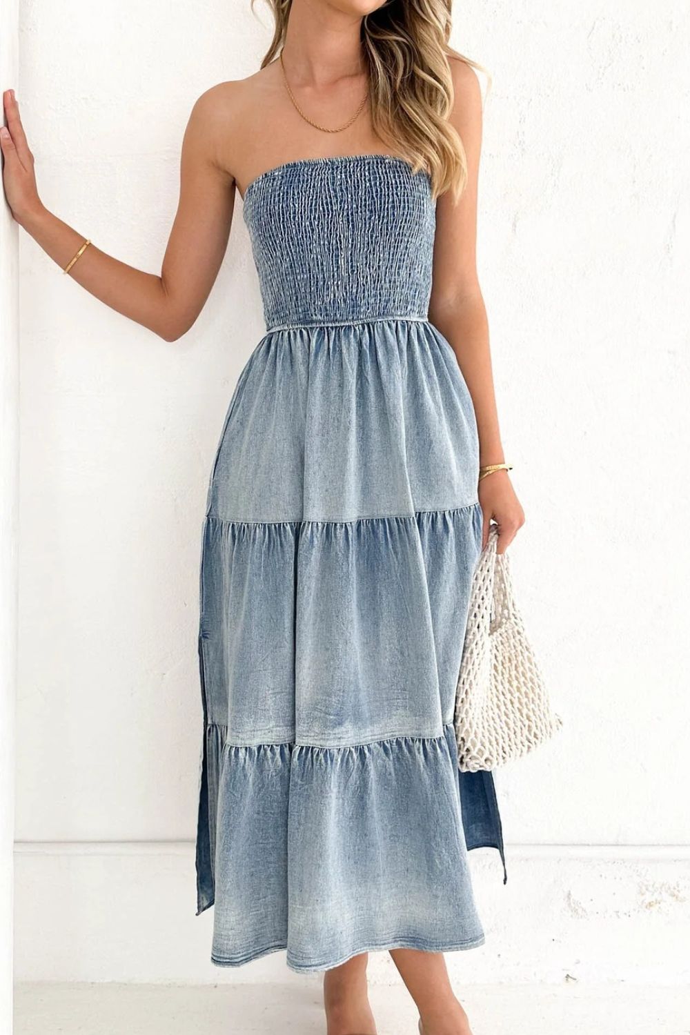 Buy Smocked Tube Slit Tiered Denim Dress by Faz