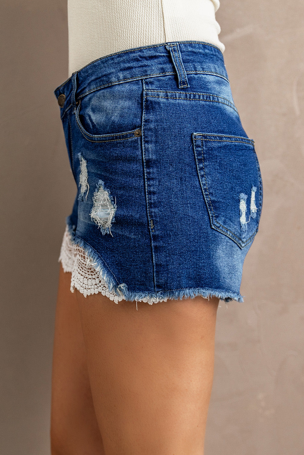 Buy Spliced Lace Distressed Denim Shorts by Faz