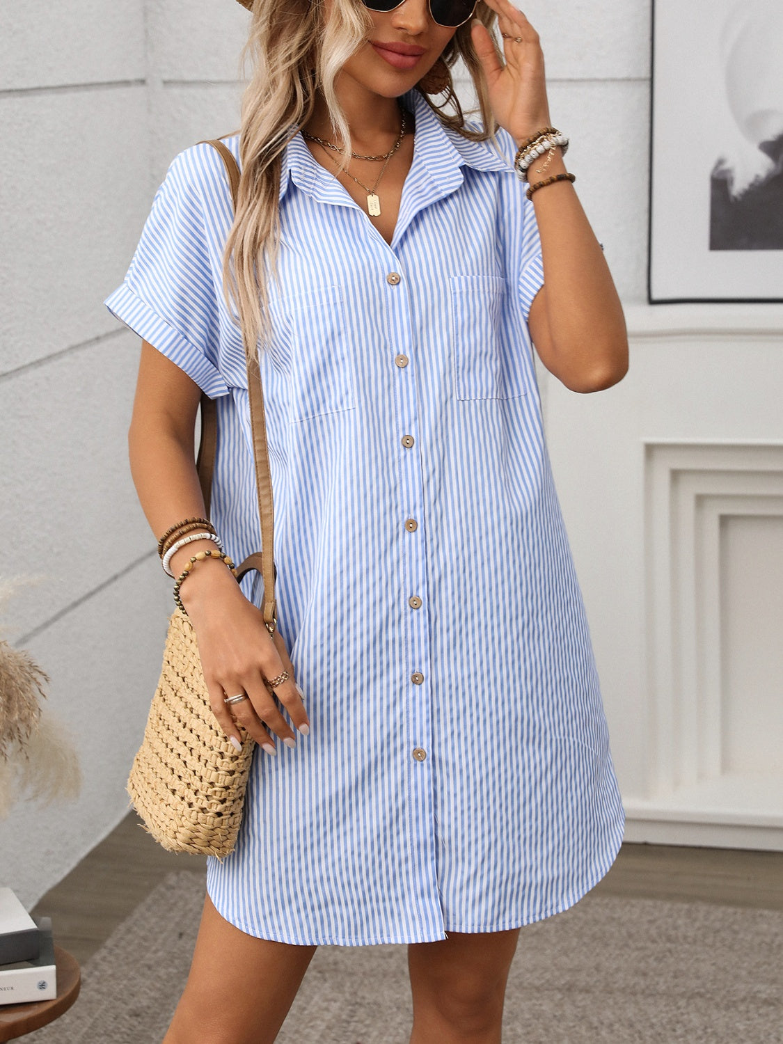 Buy Striped Button Down Short Sleeve Mini Dress by Faz