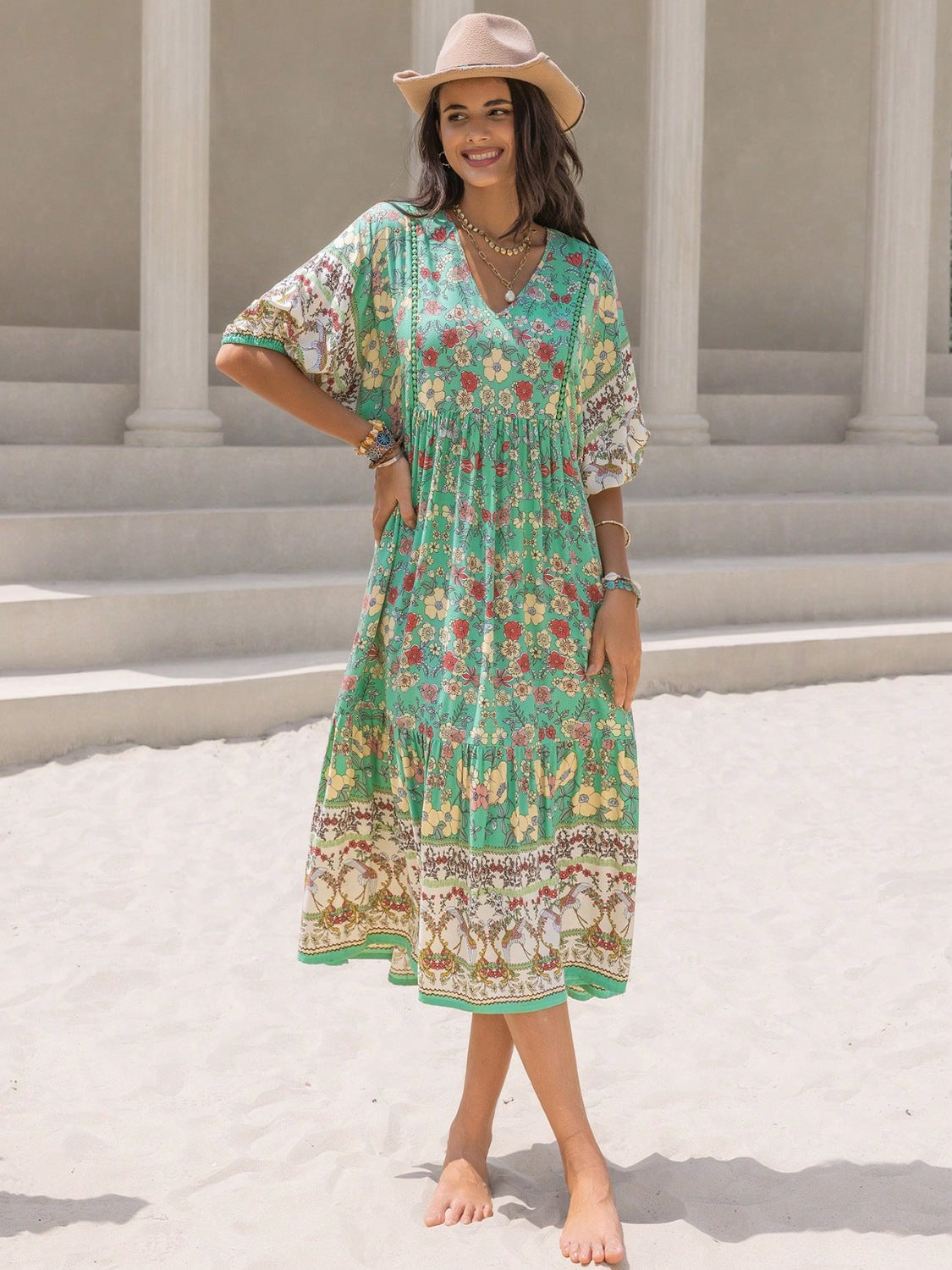 Buy Ruched Printed Puff Sleeve Midi Dress by Faz