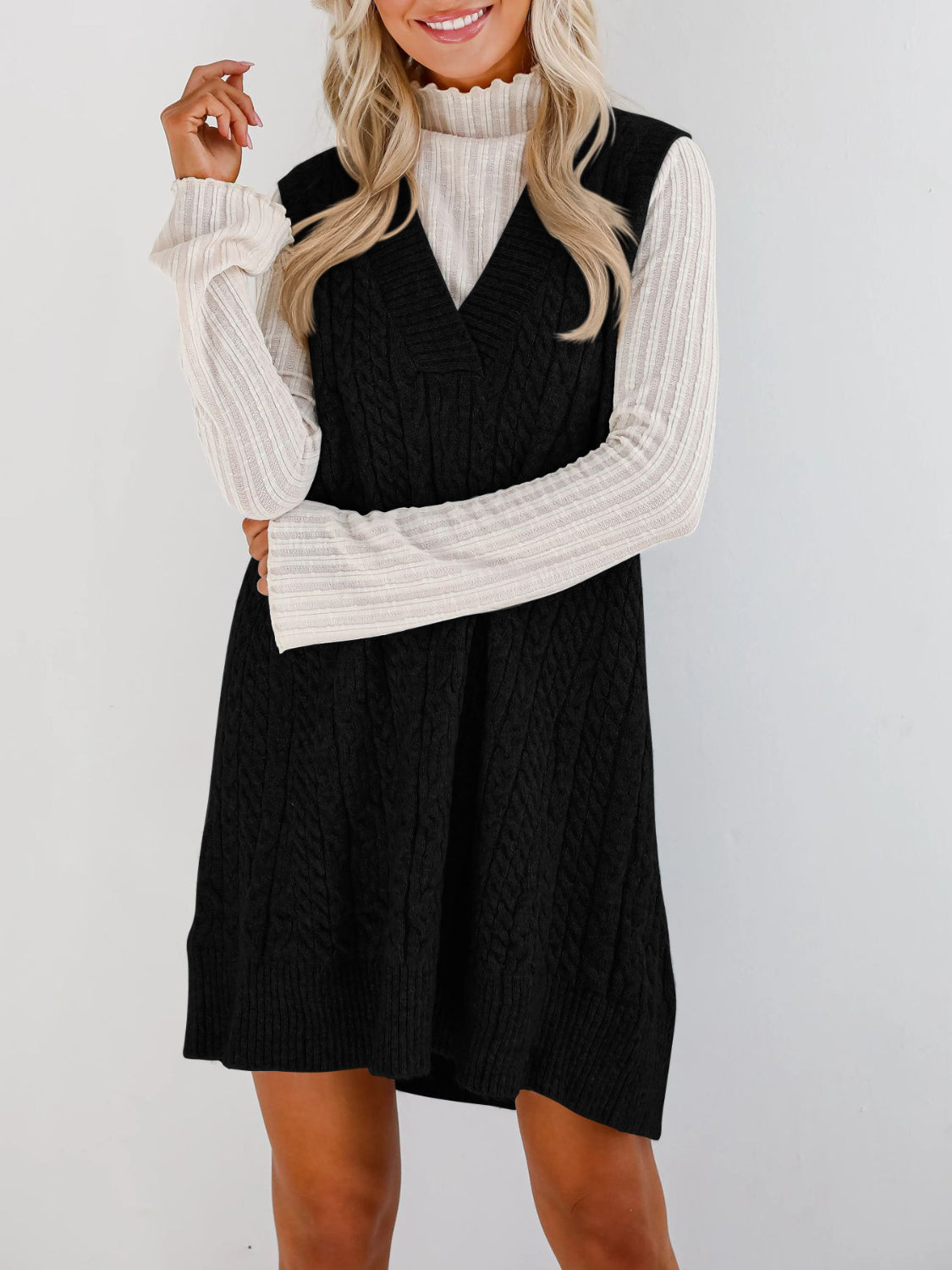 Buy Cable Knit V-Neck Mini Sweater Overall Dress by Faz