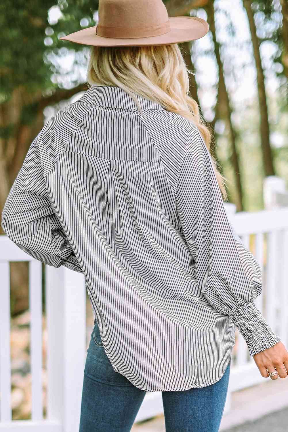Buy Striped Lantern Sleeve Collared Shirt by SYNZ