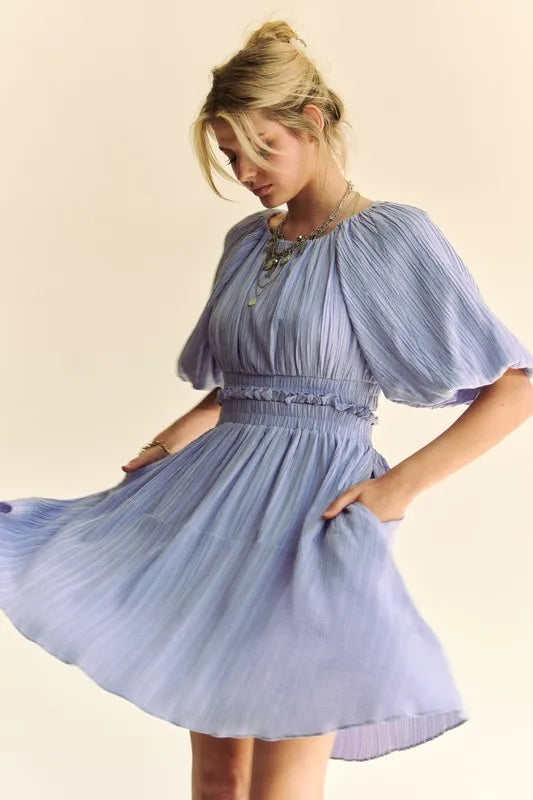 Buy Back Button Puff Sleeve Mini Dress by Faz