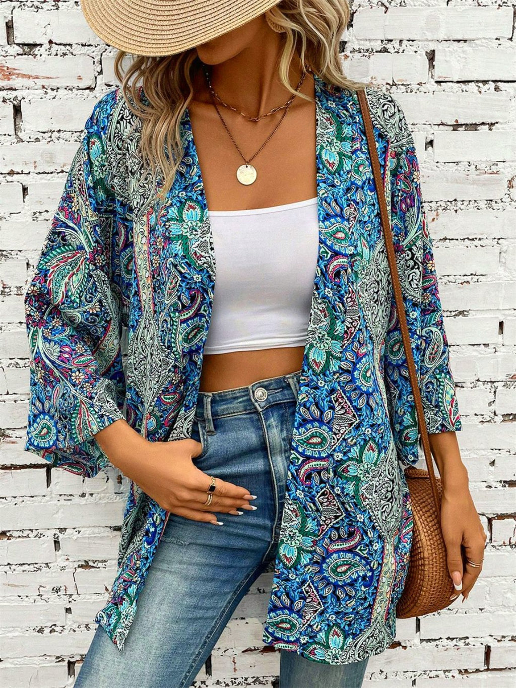 Buy Printed Open Front Three-Quarter Sleeve Cover Up by Faz
