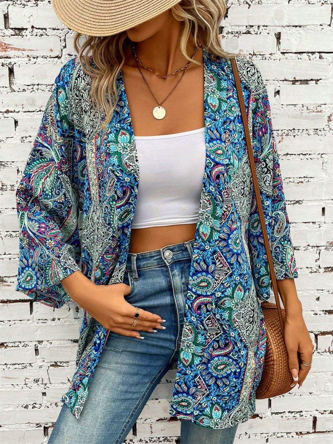 Buy Printed Open Front Three-Quarter Sleeve Cover Up by Faz