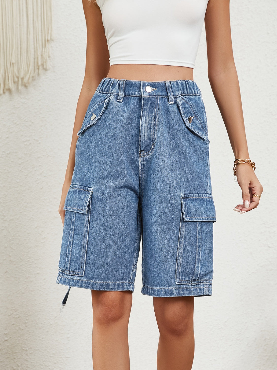 Buy High Waist Denim Shorts with Pockets by Faz