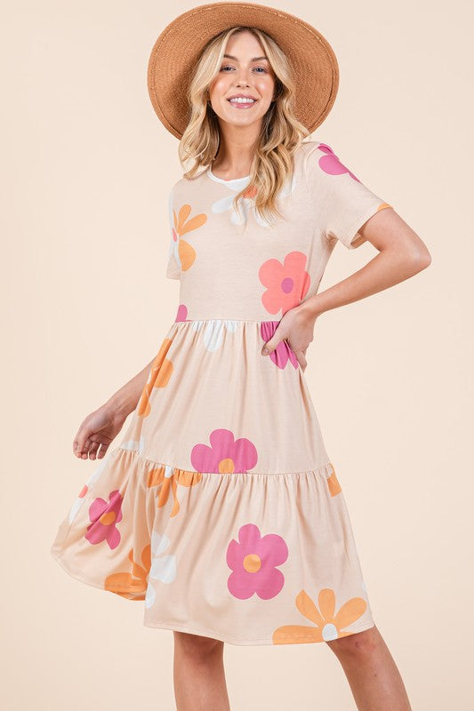 Buy Floral Round Neck Short Sleeve Tiered Dress by Faz