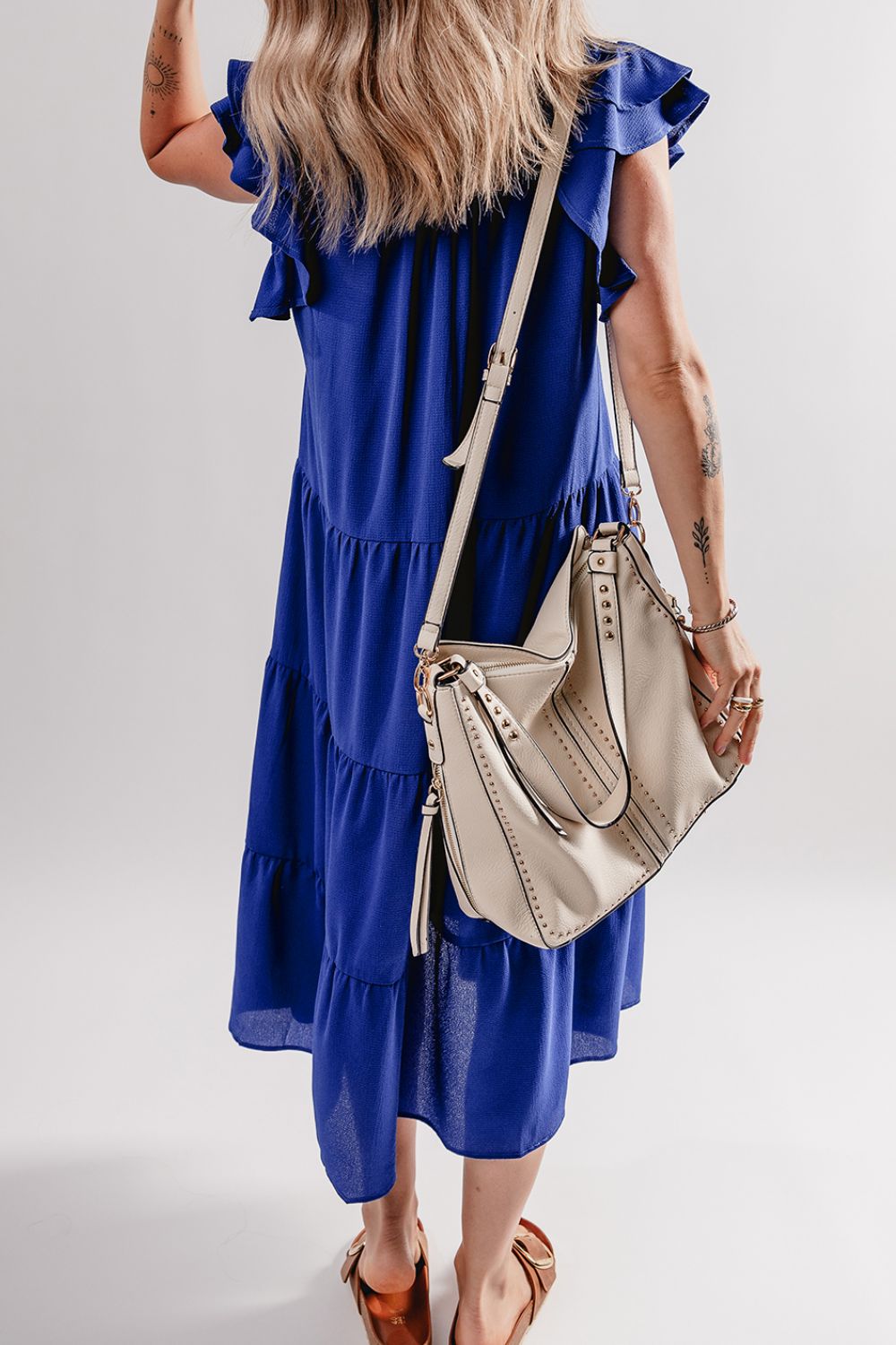 Buy Ruffled Short Sleeve Collared V Neck Tiered Midi Dress by Faz