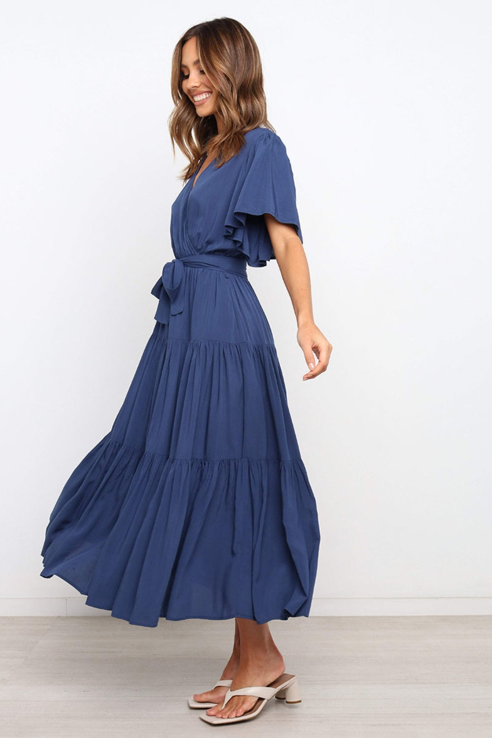 Front Tie Short Sleeve Tiered Midi Dress