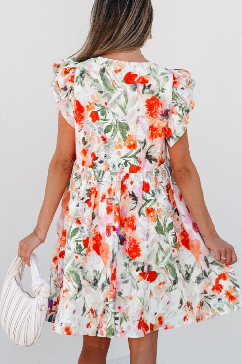 Buy Floral Double Ruffle Sleeve V Neck Mini Dress by Faz