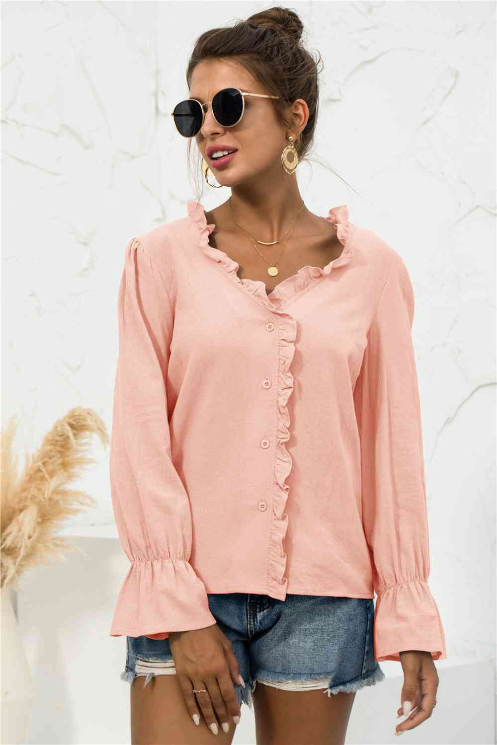 Buy Frill Trim V-Neck Flounce Sleeve Shirt by YO