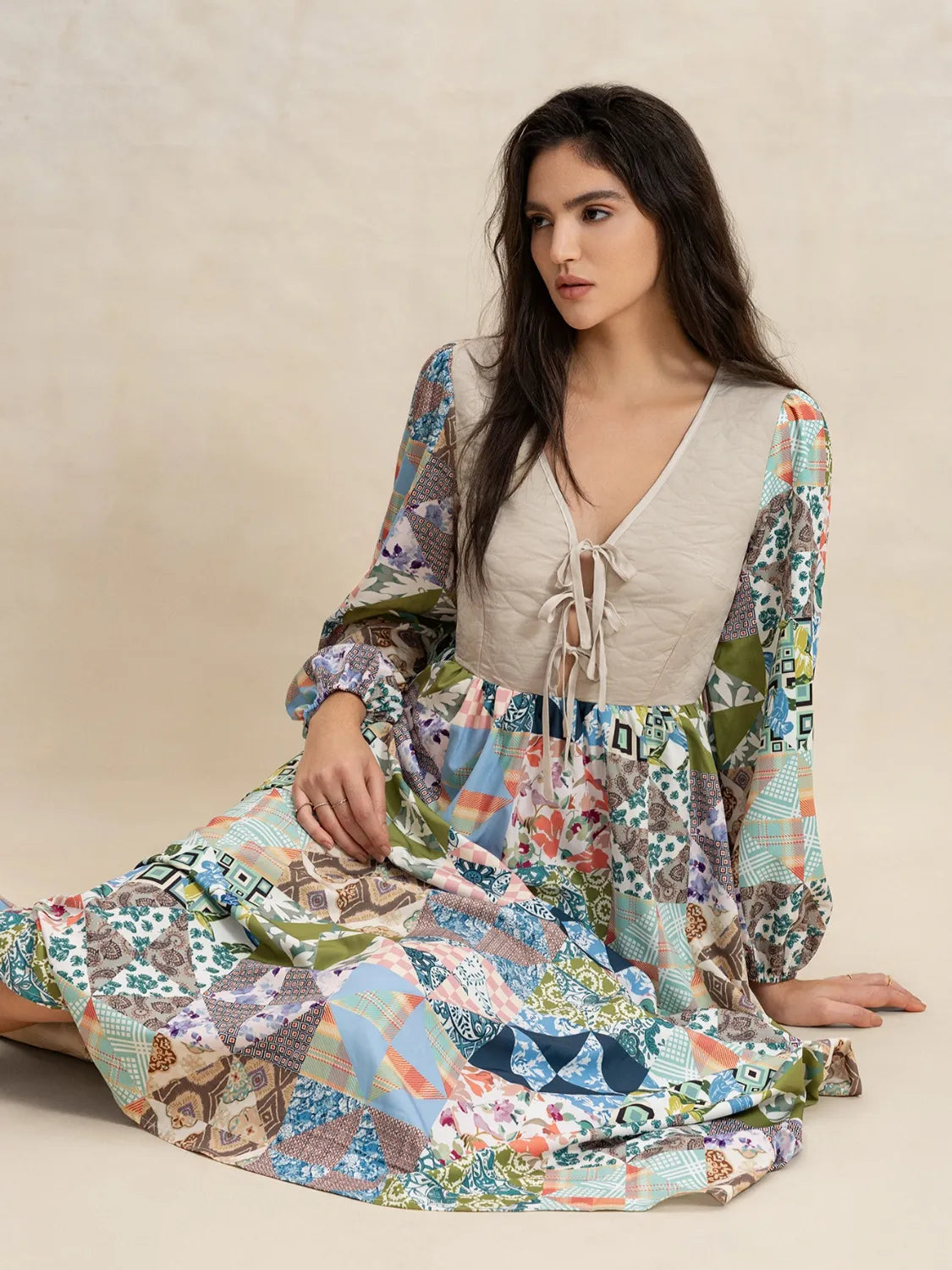 Buy Tied Front Printed Long Sleeve Maxi Dress by Faz