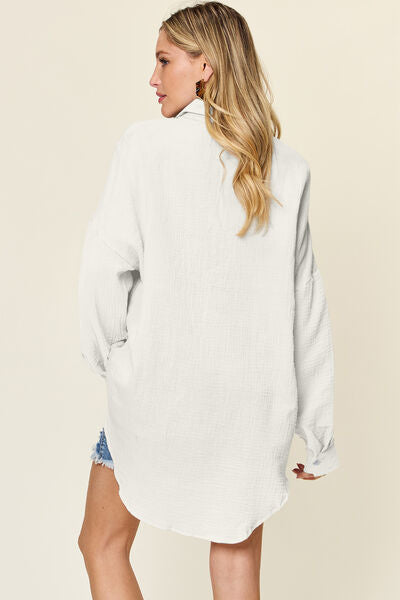 Buy Full Size Pocketed Texture Button Up Shirt by Double Take