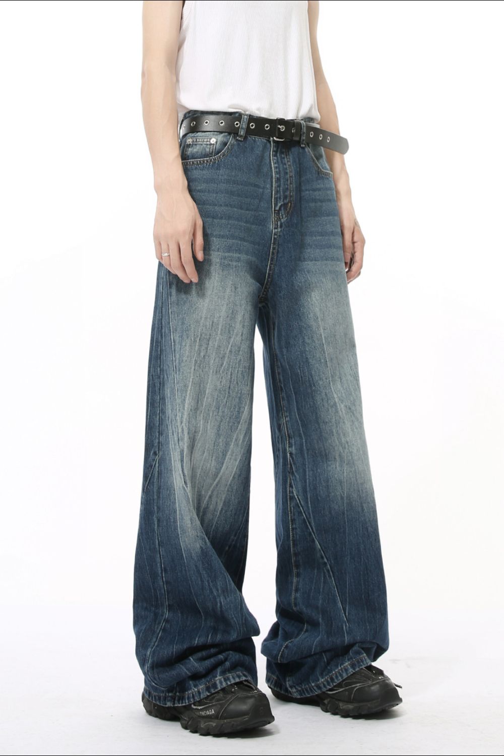 Buy Washed Lightning Pattern Wide Leg Jeans by Faz