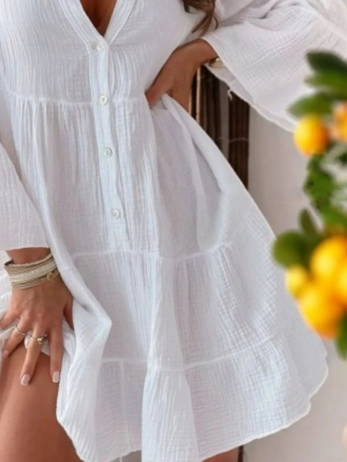 Buy Button Detail Notched Long Sleeve Dress by Faz