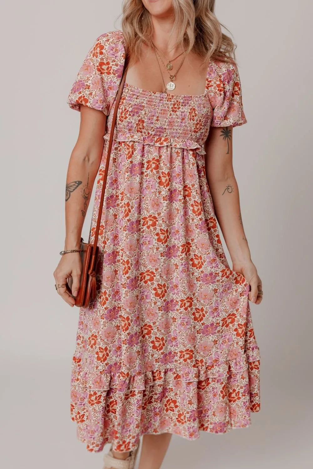 Buy Floral Square Neck Knotted Ruffle Midi Dress by Faz
