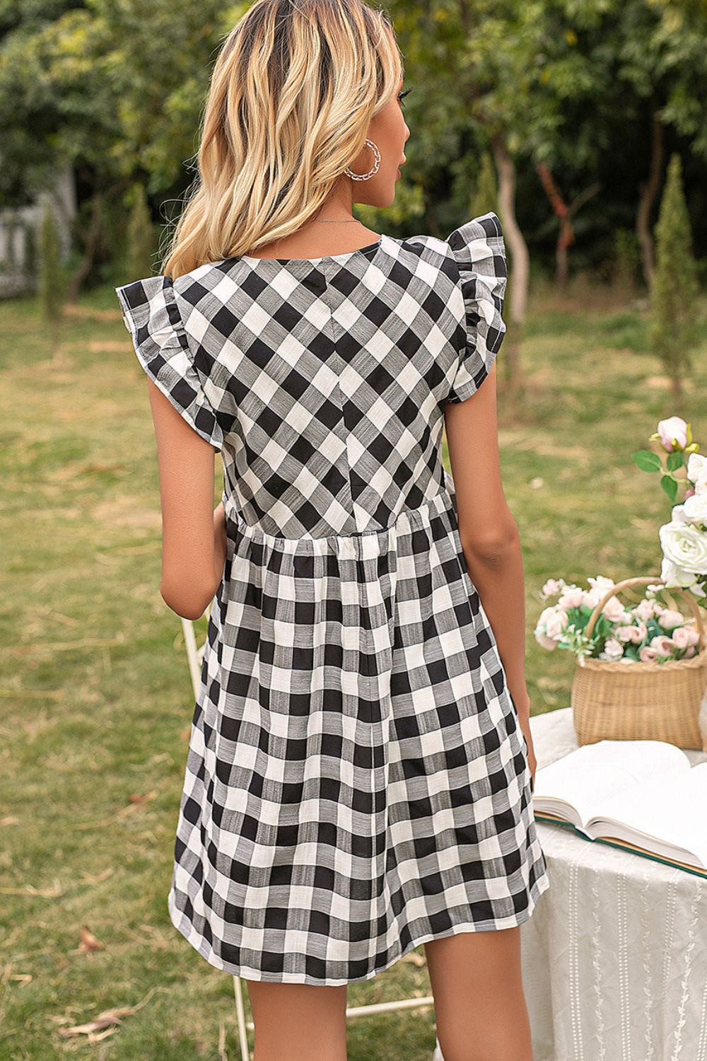 Ivy Lane Plaid Butterfly Sleeve Deep V Dress