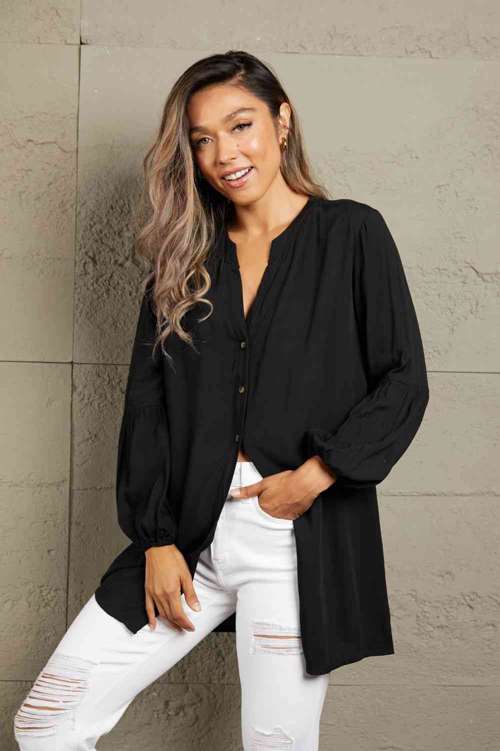 Buy Ivy Lane Notched Neck Balloon Sleeve Shirt by Double Take