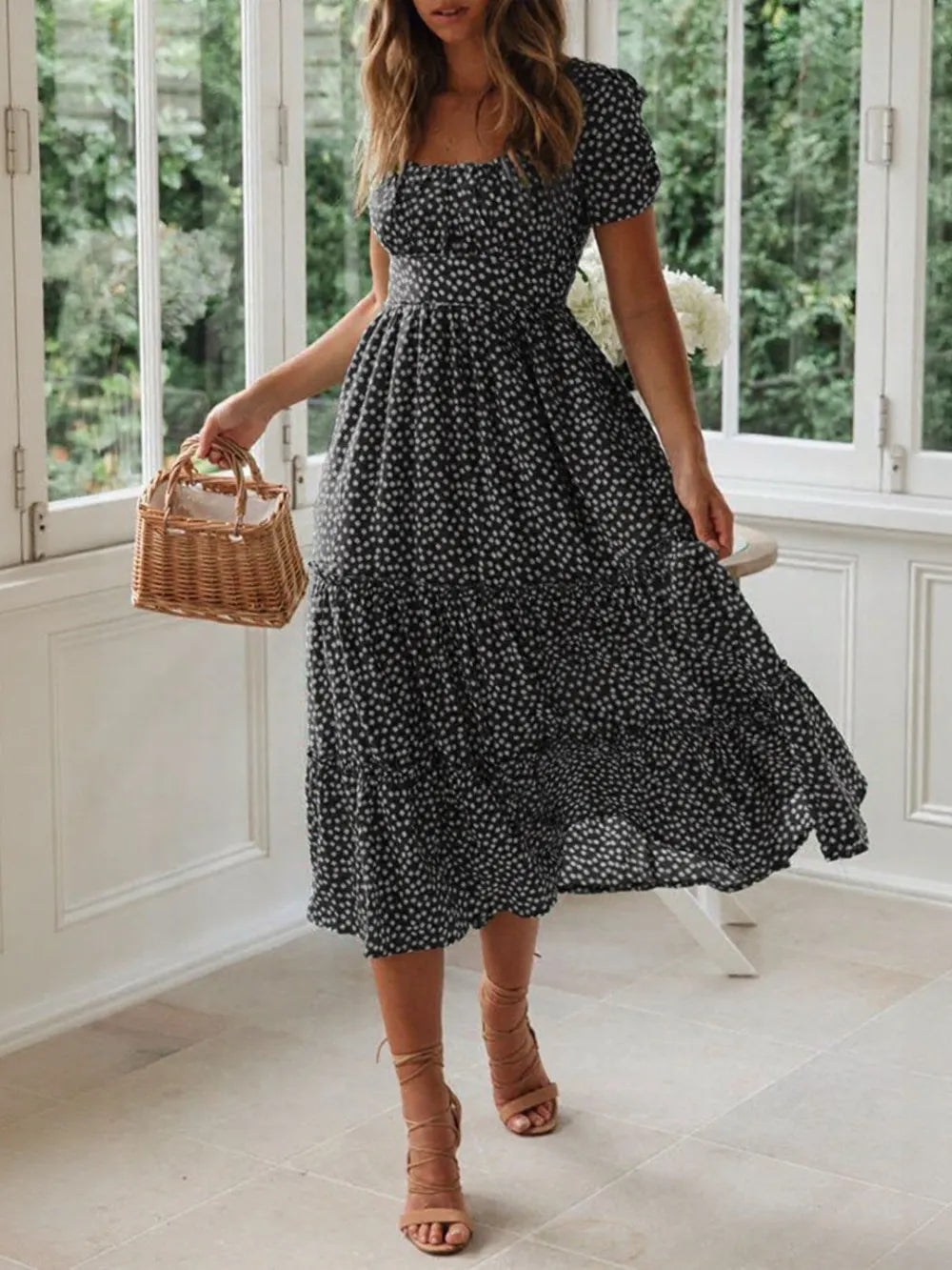 Buy Printed Square Neck Short Sleeve Midi Dress by Faz