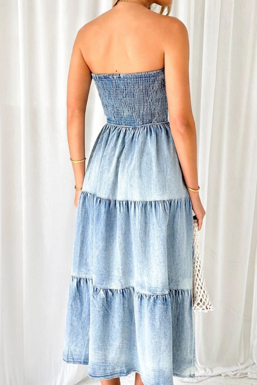 Buy Smocked Tube Slit Tiered Denim Dress by Faz
