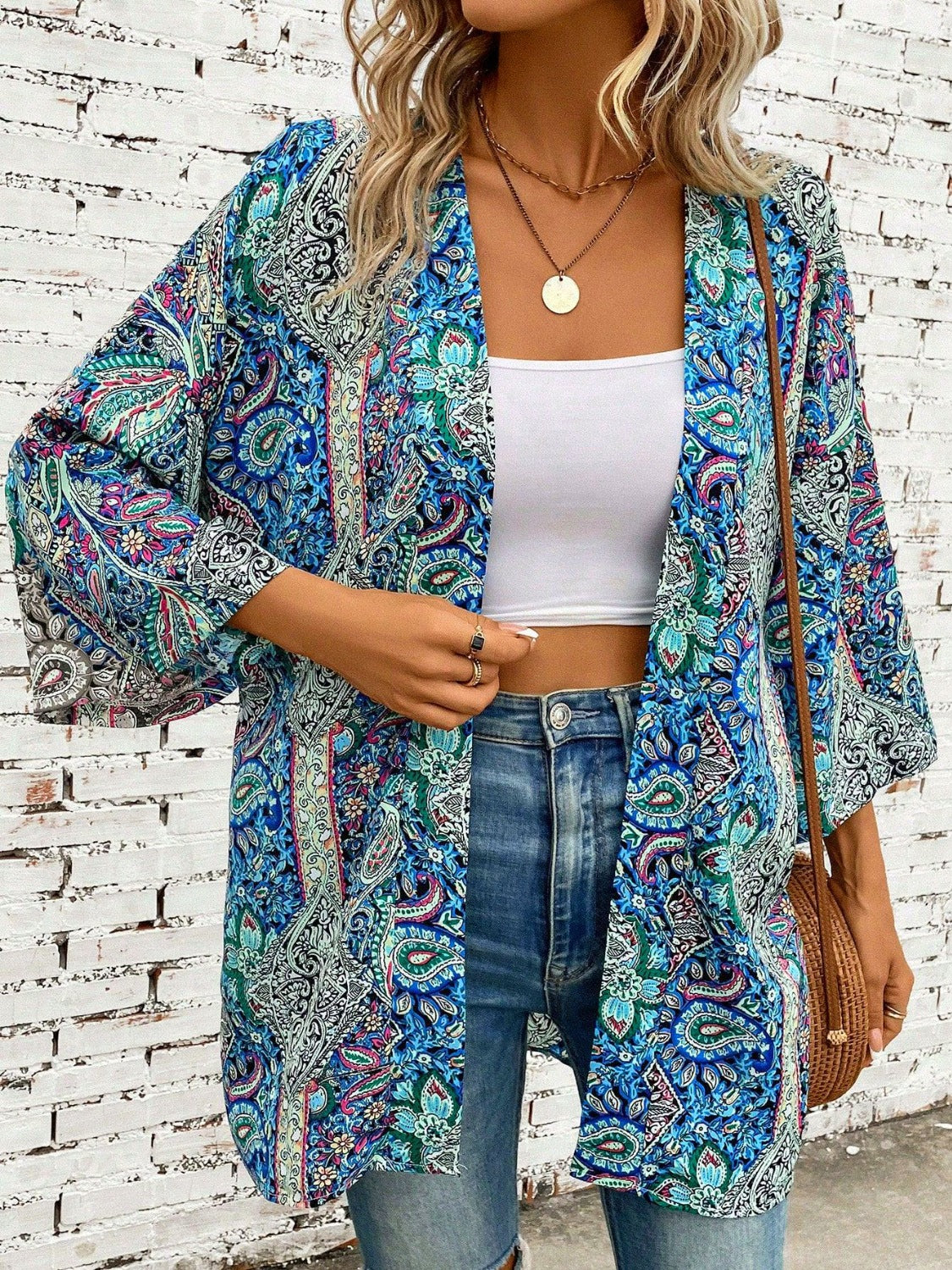 Buy Printed Open Front Three-Quarter Sleeve Cover Up by Faz