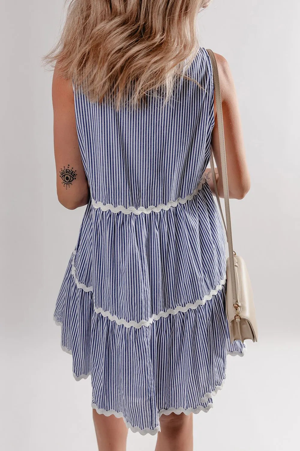 Buy Stripe Sleeveless Notched Ric Rac Mini Dress by Faz