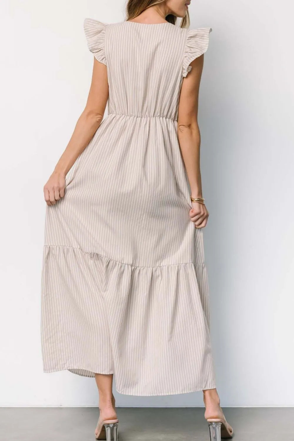 Buy Slit Striped V-Neck Ruffled Cap Sleeve Dress by Faz