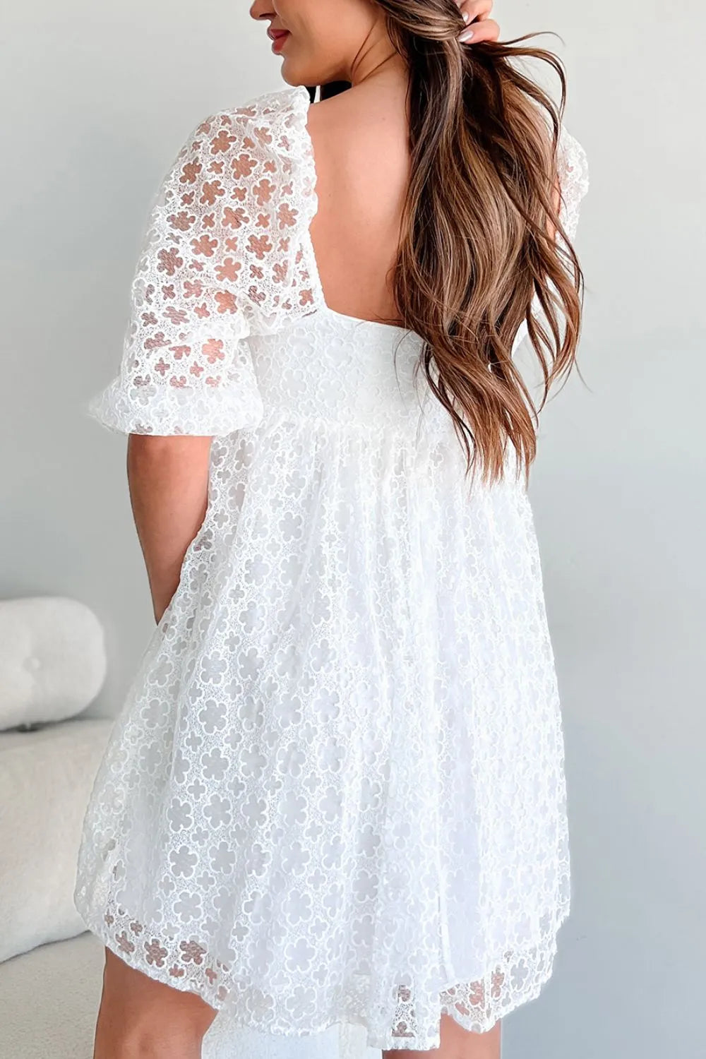 Buy Lace Puff Sleeve Empire Waist Mini Dress by Faz