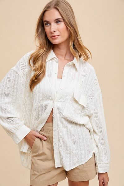 Openwork Button Down Drop Shoulder Shirt