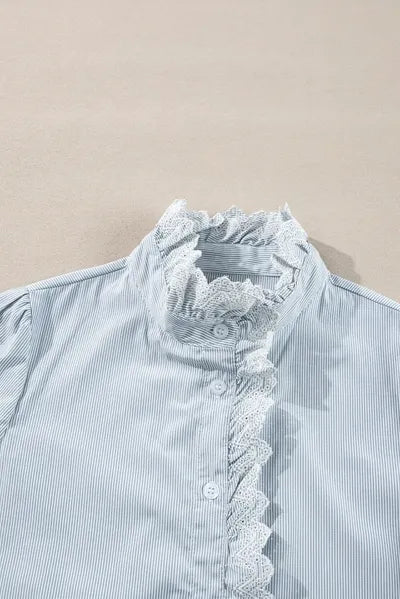 Buy Lace Detail Striped Mock Neck Long Sleeve Shirt by SYNZ