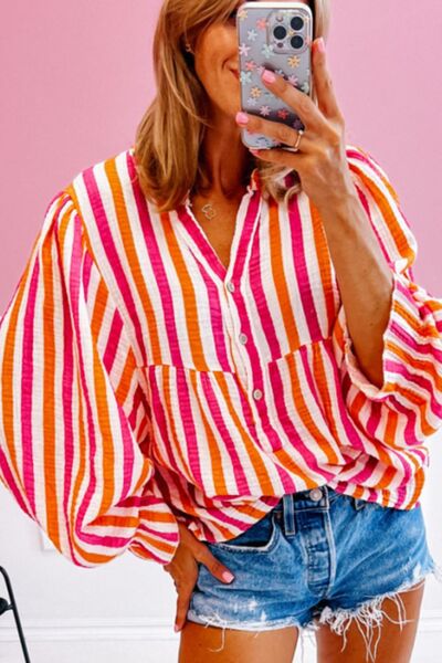 Buy Striped Notched Flounce Sleeve Blouse by SYNZ