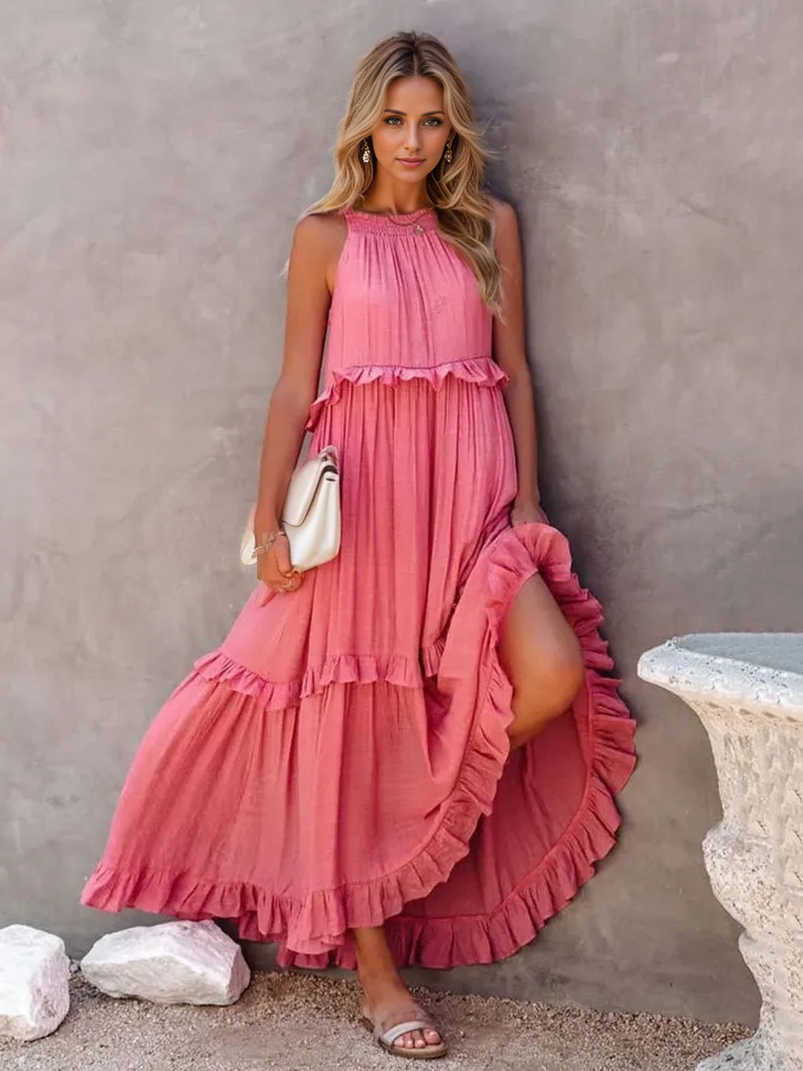 Buy Ruffled Sleeveless Tiered Maxi Dress with Pockets by Faz