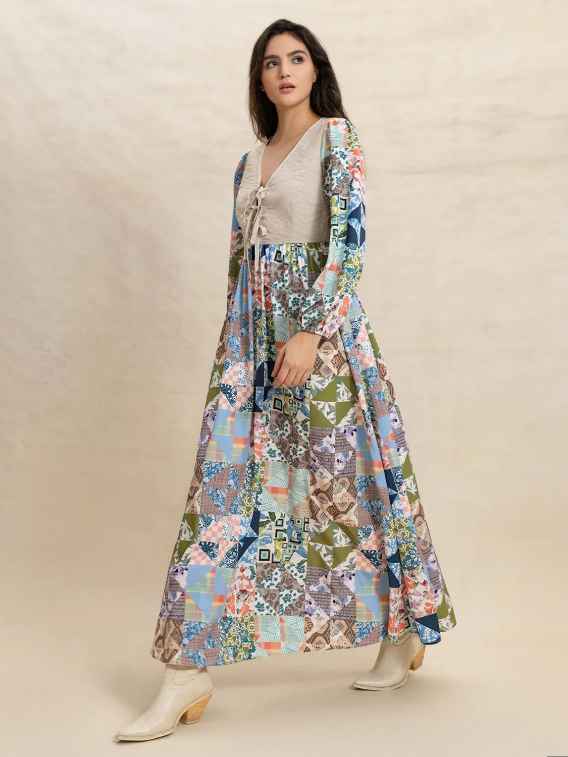 Buy Tied Front Printed Long Sleeve Maxi Dress by Faz