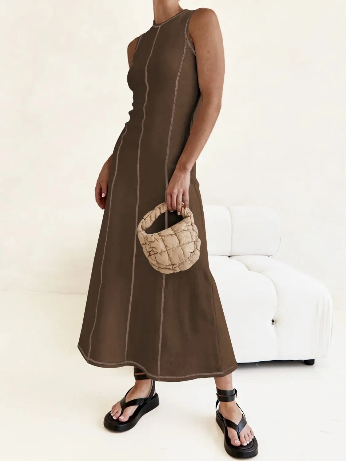 Buy Contrast Stitching Round Neck Sleeveless Midi Dress by Faz