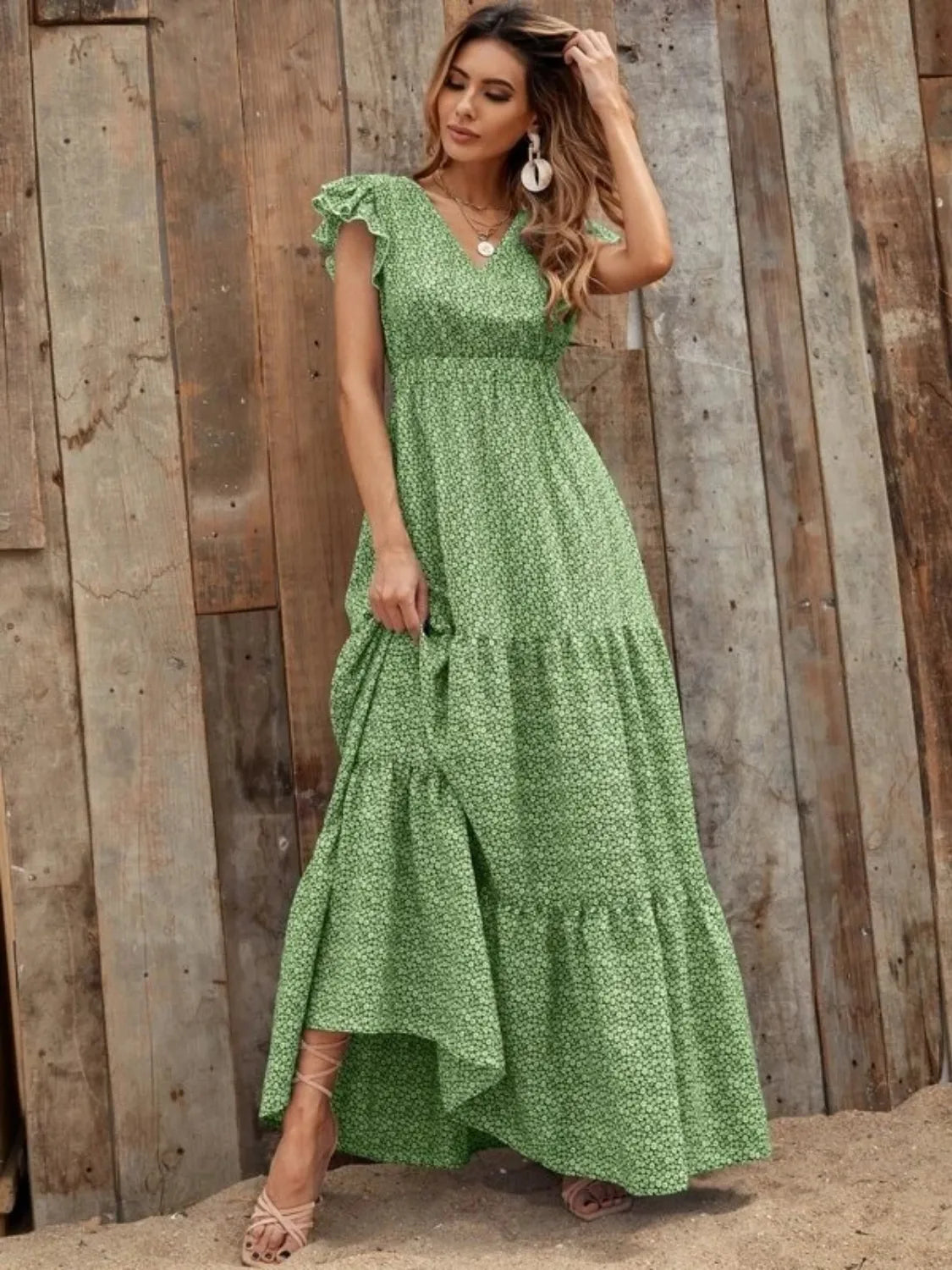 Buy Printed V-Neck Ruffled Cap Sleeve Maxi Dress by Faz