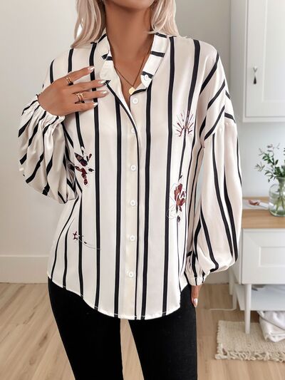 Buy Striped Collared Neck Long Sleeve Shirt by Perfee