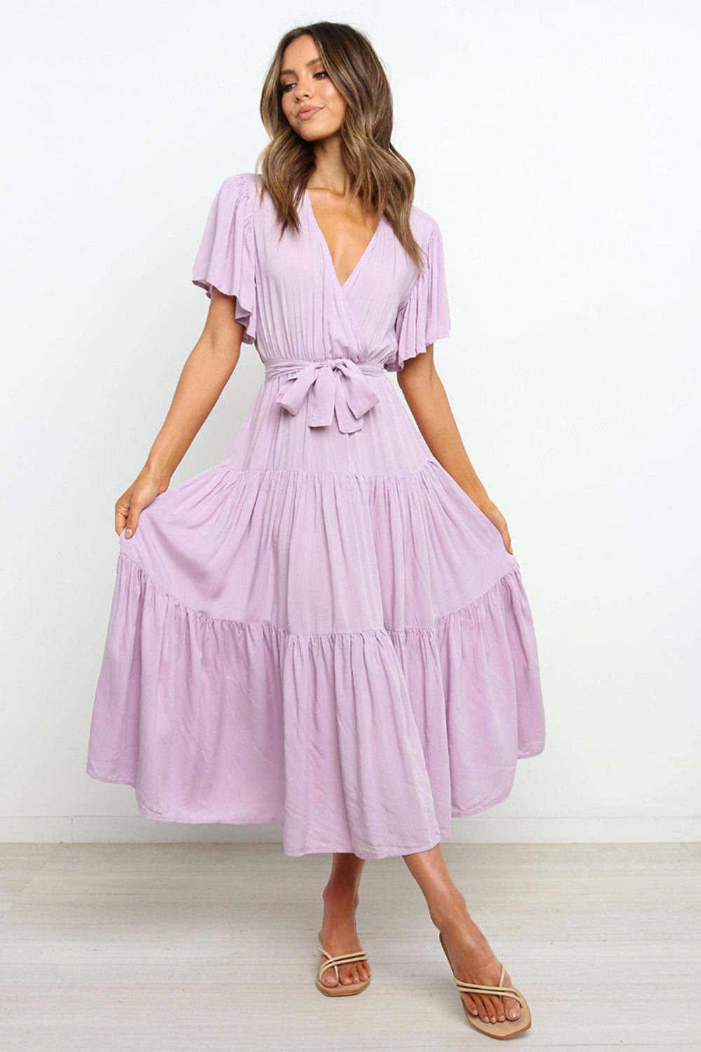 Buy Tied Back Tiered Short Sleeve Midi Dress by Faz