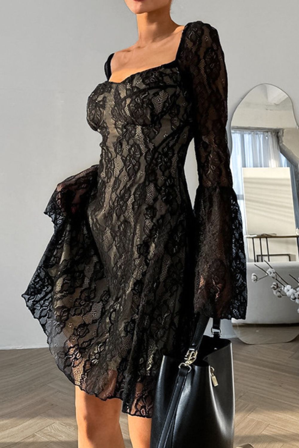 Buy Lace Sweetheart Neck Flare Sleeve Mini Dress by Faz