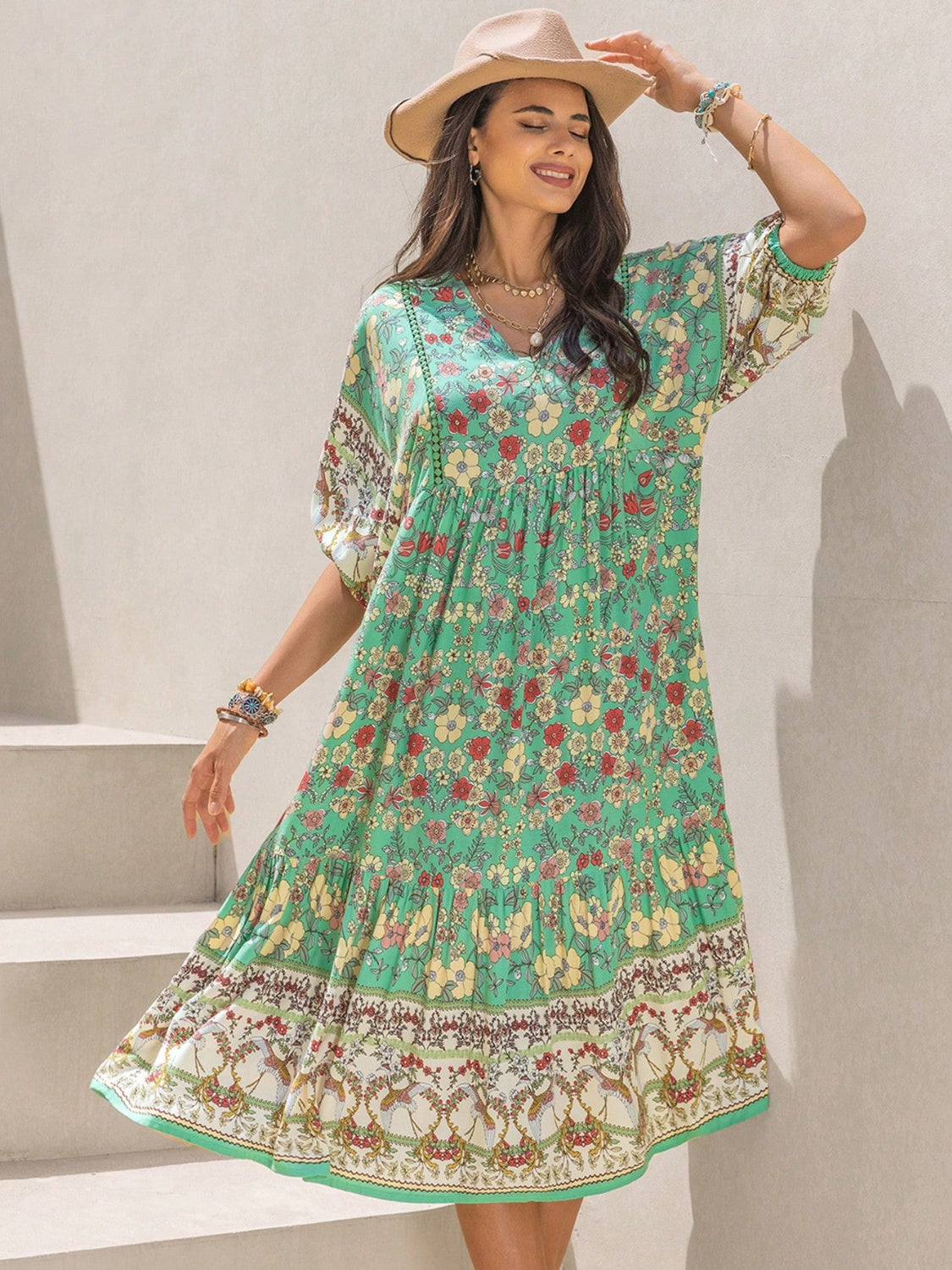 Buy Ruched Printed Puff Sleeve Midi Dress by Faz