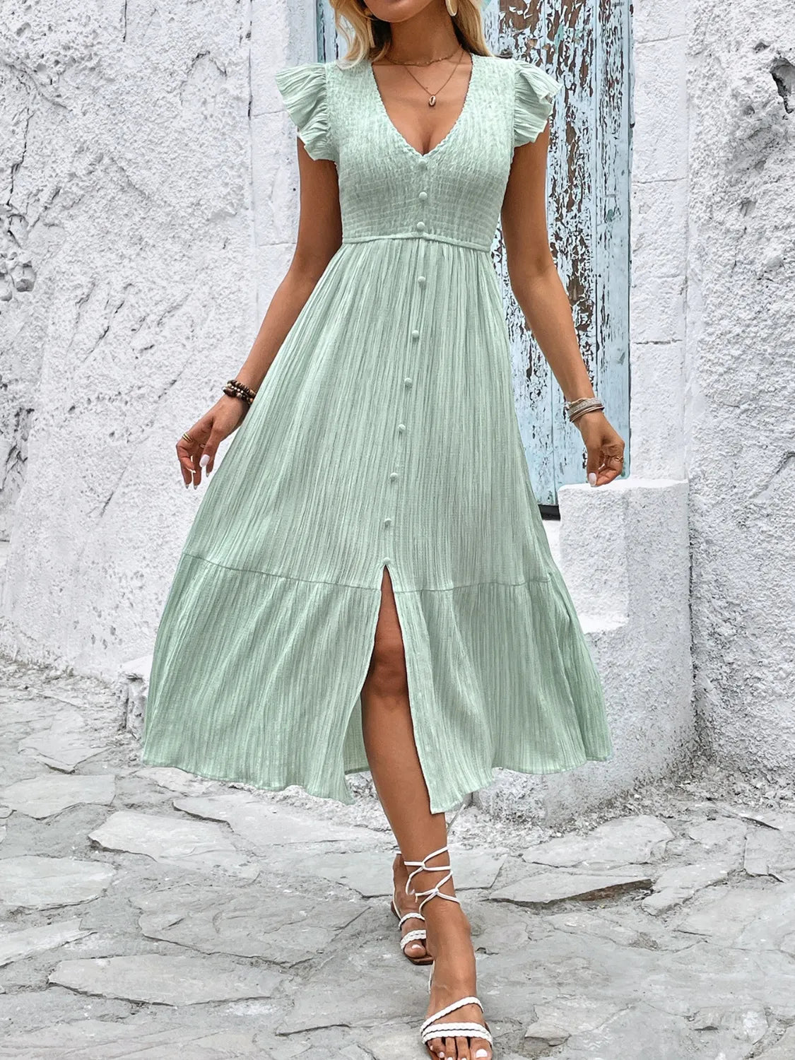 Buy V-Neck Ruffled Cap Sleeve Dress by Faz