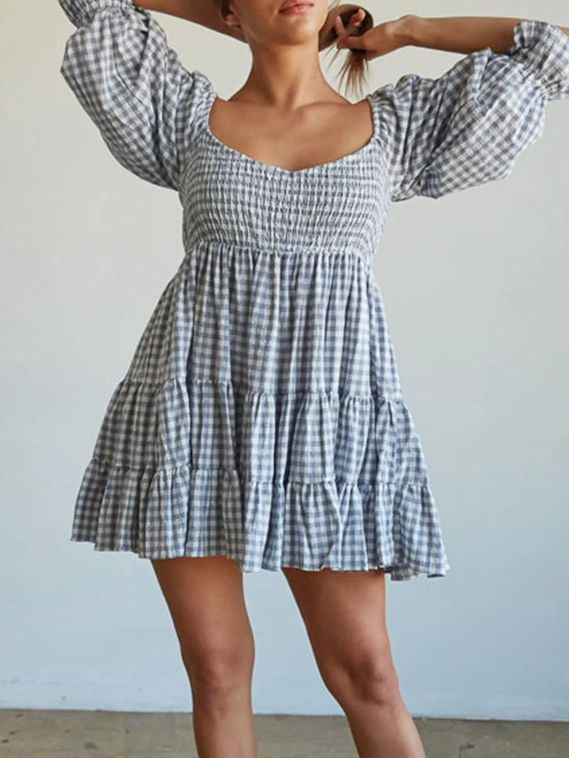 Buy Ruffled Hem Plaid Half Sleeve Mini Dress by Faz