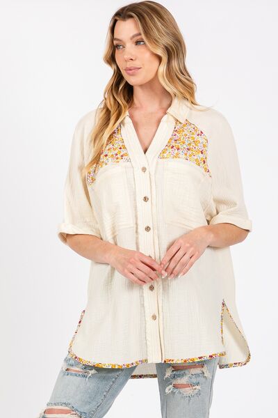 Buy Full Size Floral Detail Button Up Short Sleeve Shirt by SAGE+FIG