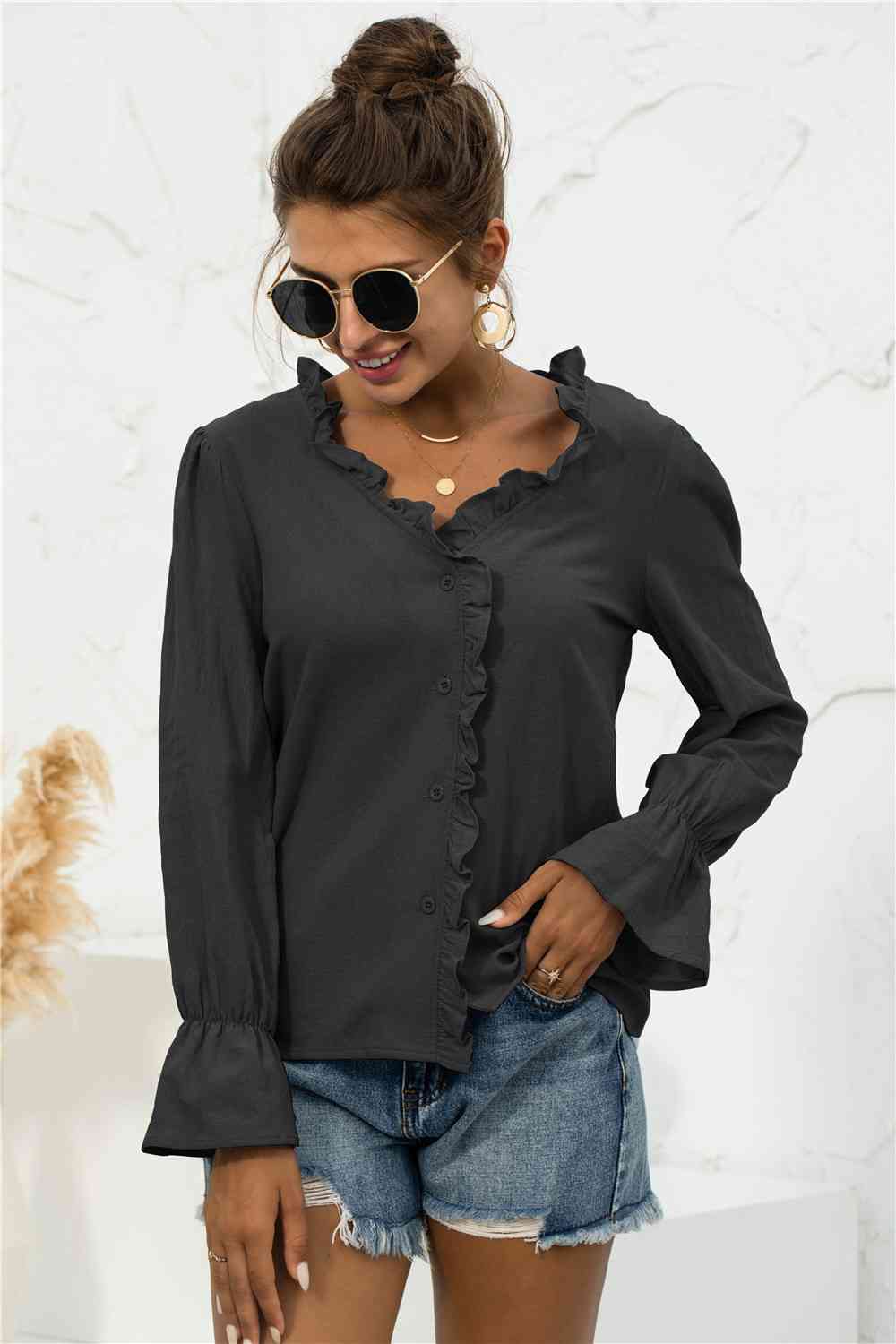 Buy Frill Trim V-Neck Flounce Sleeve Shirt by YO