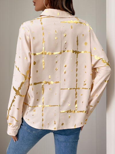 Buy Printed Collared Neck Long Sleeve Shirt by Perfee