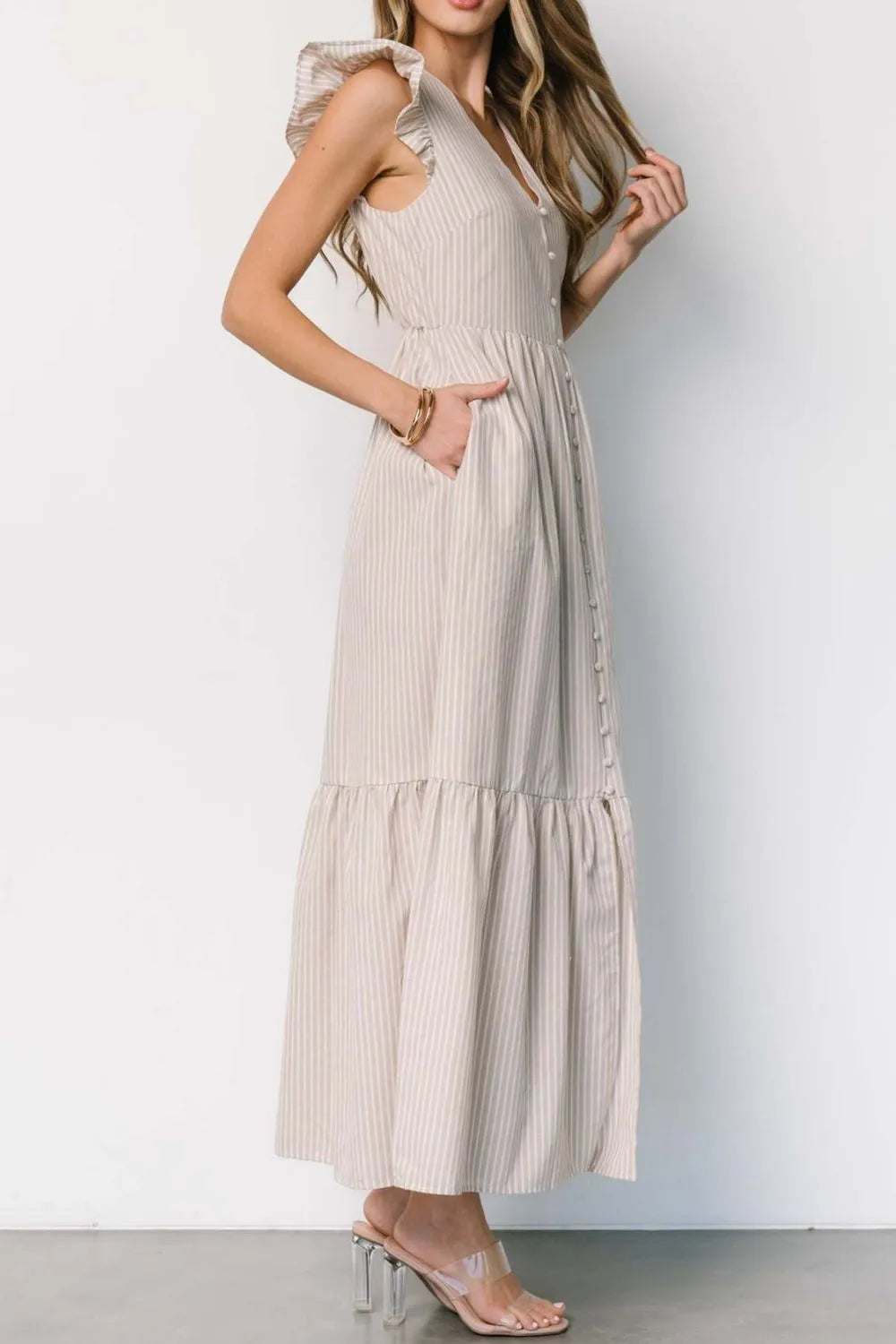 Buy Slit Striped V-Neck Ruffled Cap Sleeve Dress by Faz